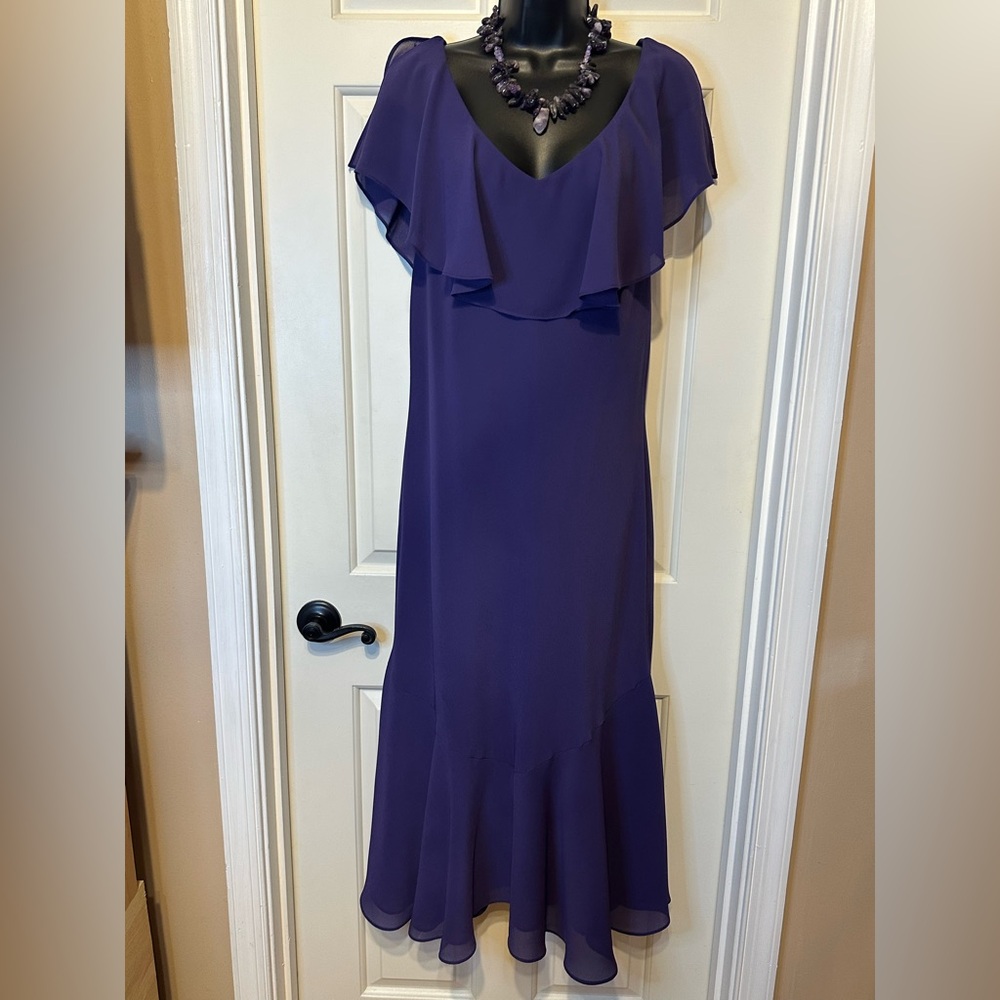 D68 Dressbarn Collection Purple Midi Dress w/fishtail & drapes over shoulders.